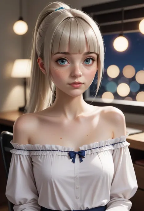 score_9, score_8_up, score_7_up, 1girl, portrait,apartment, night, bokeh, depth of field, platinum blonde hair, ponytail, bangs, cute, petite,freckles, brunette hair ,
blunt cut ,
wearing Striped off-the-shoulder blouse with smocked detailing and bell sleeves , Flared Skirt , matte pantyhose and ,
breasts,sitting,ultrarealistic