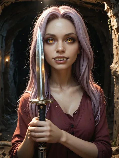 1girl, Medusa, holding sword,anthropomorphic snake, dramatic lighting, looking at viewer, grey skin, (snake hair), showing fangs, abandoned cave, particles,, zPDXL