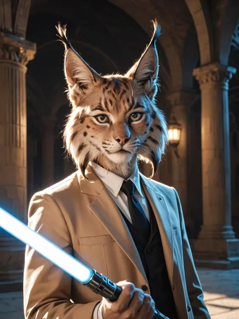 cinematic photo (anthropomorphic Lynx:1.4) as a jedi with blue lightsaber,temple,faded film ,desaturated, highly detailed, volumetric, dramatic lighting, score_9, score_8_up, score_7_up, score_6_up . 35mm photograph, film, bokeh, professional, 4k, highly detailed