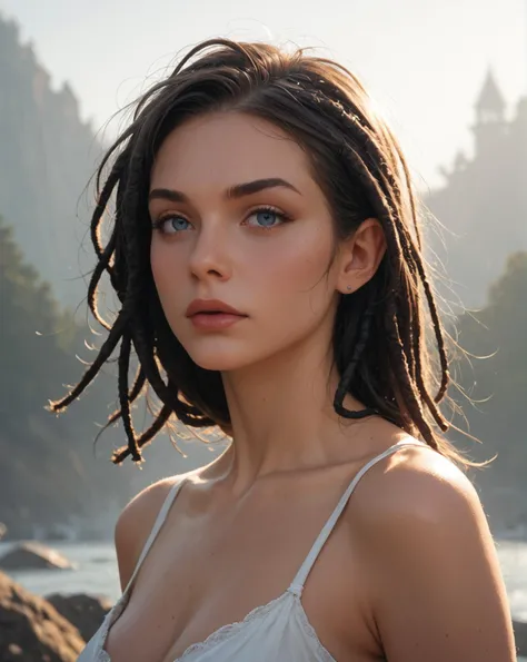 a cinematic bust portrait of a beautiful woman from left head and chest only,Dreadlocks,Red,A lone figure stands at the edge of a fog-shrouded cliff, the crashing waves below beckoning them to take the final plunge into the abyss.,upper body shot,style by Richard Avedon,(high quality awardwinning masterwork 4k highly detailed),Nikon d850,natural lighting, score_9, score_8_up, score_7_up, score_6_up