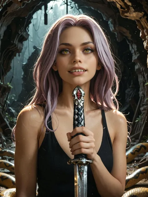 1girl, Medusa, holding sword,anthropomorphic snake, dramatic lighting, looking at viewer, grey skin, (snake hair), showing fangs, abandoned cave, particles,, zPDXL