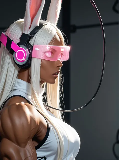 from side, 1girlrumi usagiyama, long hair, animal ears, white hair, dark skin, rabbit ears, dark-skinned female, muscular, rabbit girl, muscular female, parted bangs,expressionless,pink visor,glowing visor,headphones ,wire,standing , (empty eyes, pink eyes, no pupils), open mouth, anime screencap, looking at the viewer, (raw,score_8_up),photo, raw,realistic