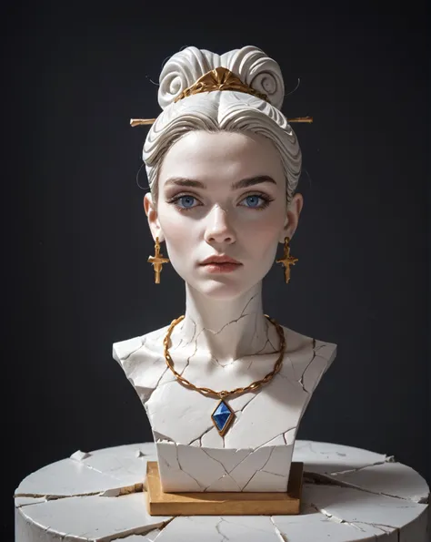 portrait of a beautiful girl, (white sculpture), cracked statue, (cracked porcelain:1.8), looking at the viewer,Sharp, black background, score_9, score_8_up, score_7_up, score_6_up, photo, raw, realistic