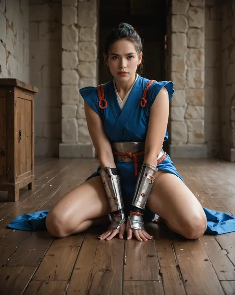 Role-playing game (RPG) style fantasy 1girl, female Mulan in samurai armor kneeling on the floor holding a sword with both hands , Detailed, vibrant, immersive, reminiscent of high fantasy RPG games, score_9, score_8_up, score_7_up, score_6_up, score_5_up, score_4_up, source_anime, ultrarealistic