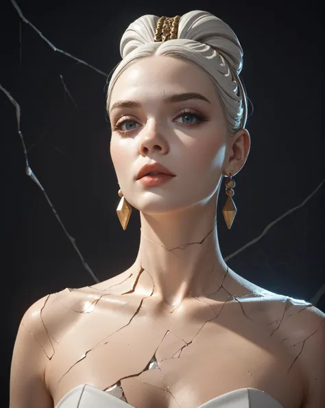 portrait of a beautiful girl, (white sculpture), cracked statue, (cracked porcelain:1.8), looking at the viewer,Sharp, black background, zPDXL