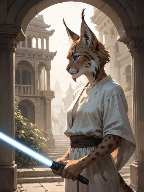 (anthropomorphic Lynx:1.4) as a jedi with blue lightsaber,temple,faded film ,desaturated,  highly detailed, volumetric, dramatic lighting, score_9, score_8_up, score_7_up, score_6_up