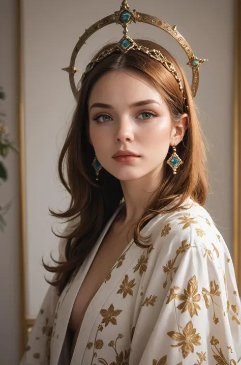 portrait of a regal woman with long, wavy auburn hair draped over her shoulders. She has a fair complexion with striking green eyes and full lips painted a deep burgundy. Her expression is serene, with a touch of melancholy. She is dressed in a luxurious velvet robe in a rich burgundy shade that complements her hair. Adorning her head is an ornate halo-like headpiece, radiating spikes embellished with intricate filigree patterns and embedded with an array of gemstones that catch the light. The background should be a textured, old gold leaf wall that adds an antique charm to the composition, making the subject appear as if she is a part of a Renaissance painting, (raw,score_8_up),photo, raw,realistic, score_9, score_8_up, score_7_up, score_6_up, score_5_up, score_4_up, source_anime, ultrarealistic