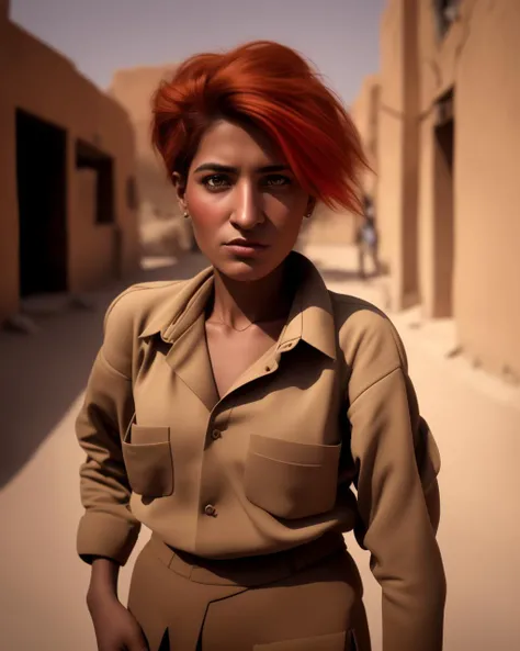 a photo portrait of a annoying Nyishi female with cinnamon hair, photo by Helen Levitt , in Iraq in background, with bronze wear clothes by Melinda Looi, in a President workplace, excited feeling , with bright raw-umber color eyes, real life