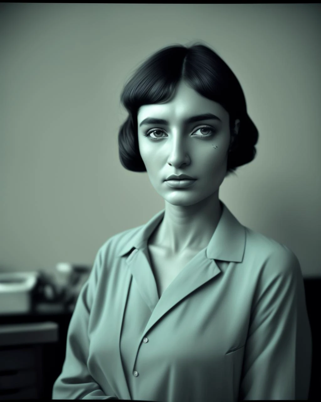 a photo portrait of a friendly Abkhazians with charcoal hair, photo by Tina Modotti , in Poland in background, with celadon wear clothes by Diana Arno, in a Dentist workplace, livid feeling , with bright ultramarine color eyes, real life