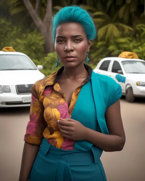 a photo portrait of a elegant Hawaiians with teal hair, photo by Lua Ribeira , in Equatorial Guinea in background, with chocolate wear clothes by Peter Werth, in a Taxi-driver workplace, happy feeling , with bright cinnabar color eyes, real life