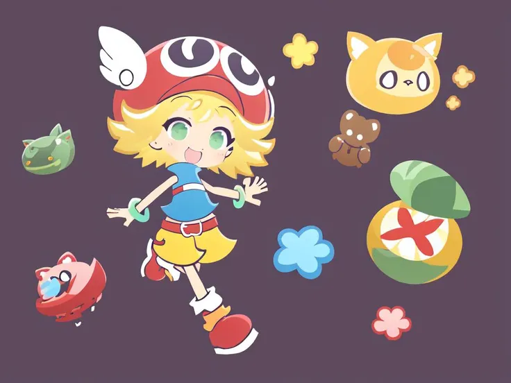 <lora:amitie:0.7:ALL> kawaii amitie petite cute 1girl, green eyes, blonde hair, short hair, bracelet, jewelry +++ hat, skyblue shirt sleeveless, red belt, red shoes, yellow shorts, pink heart +++ wavy mouth, full body