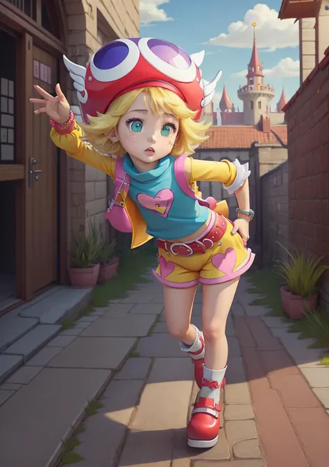 (realistic:1.2), (realism), (masterpiece:1.2), (best quality), (ultra detailed), (8k, 4k, intricate),(full-body-shot:1),kawaii amitie petite cute 1girl, green eyes, blonde hair, short hair, bracelet, jewelry +++ hat, skyblue shirt sleeveless, red belt, red shoes, yellow shorts, pink heart +++ :3, +++ best quality, high detailed, anime coloring game cg contrapposto ++ Faint lips,UC:realistic cute anime face cinematic angle Girl at the front single focus dynamic pose, portrait , fantasy city, in the square of the castle town, outdoor, Underworld,unexplored region,great labyrinth, <lora:amitiePuyopuyoSeriesFeverVer_v11:0.7>