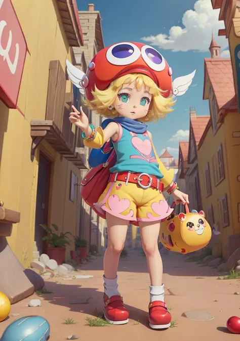 (realistic:1.2), (realism), (masterpiece:1.2), (best quality), (ultra detailed), (8k, 4k, intricate),(full-body-shot:1),kawaii amitie petite cute 1girl, green eyes, blonde hair, short hair, bracelet, jewelry +++ hat, skyblue shirt sleeveless, red belt, red shoes, yellow shorts, pink heart +++ :3, +++ best quality, high detailed, anime coloring game cg contrapposto ++ Faint lips,UC:realistic cute anime face cinematic angle Girl at the front single focus dynamic pose, portrait , fantasy city, in the square of the castle town, outdoor, Underworld,unexplored region,great labyrinth, <lora:amitiePuyopuyoSeriesFeverVer_v11:0.7>