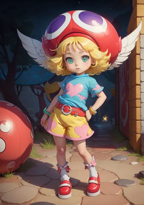 (realistic:1.2), (realism), (masterpiece:1.2), (best quality), (ultra detailed), (8k, 4k, intricate),(full-body-shot:1),kawaii amitie petite cute 1girl, green eyes, blonde hair, short hair, bracelet, jewelry +++ hat, skyblue shirt sleeveless, red belt, red shoes, yellow shorts, pink heart +++ :3, +++ best quality, high detailed, anime coloring game cg contrapposto ++ Faint lips,UC:realistic cute anime face cinematic angle Girl at the front single focus dynamic pose, portrait , fantasy city, in the square of the castle town, outdoor, Underworld,unexplored region,great labyrinth, <lora:amitiePuyopuyoSeriesFeverVer_v11:0.7>