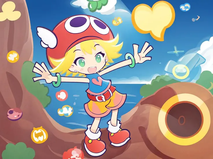 <lora:amitie:0.7:ALL> kawaii amitie petite cute 1girl, green eyes, blonde hair, short hair, bracelet, jewelry +++ hat, skyblue shirt sleeveless, red belt, red shoes, yellow shorts, pink heart +++ :D upper teeth disgusted eyes, wide shot from above