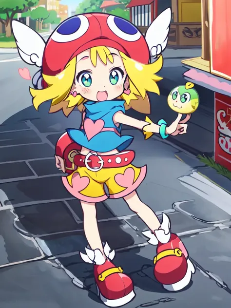 <lora:amitie:0.7:ALL> kawaii amitie petite cute 1girl, green eyes, blonde hair, short hair, bracelet, jewelry +++ hat, skyblue shirt sleeveless, red belt, red shoes, yellow shorts, pink heart +++ pupils sparkling, +++ best quality, high detailed, anime coloring game cg contrapposto ++ Faint lips,UC:realistic cute anime face cinematic angle Girl at the front single focus dynamic pose, wide shot from above , fantasy city, in the square of the castle town, outdoor, in medieval main street