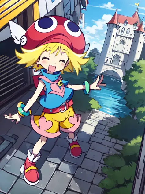 <lora:amitie:0.7:ALL> kawaii amitie petite cute 1girl, green eyes, blonde hair, short hair, bracelet, jewelry +++ hat, skyblue shirt sleeveless, red belt, red shoes, yellow shorts, pink heart +++ closed eyes smile:1.2, +++ best quality, high detailed, anime coloring game cg contrapposto ++ Faint lips,UC:realistic cute anime face cinematic angle Girl at the front single focus dynamic pose, wide shot from above , fantasy city, in the square of the castle town, outdoor, in medieval main street