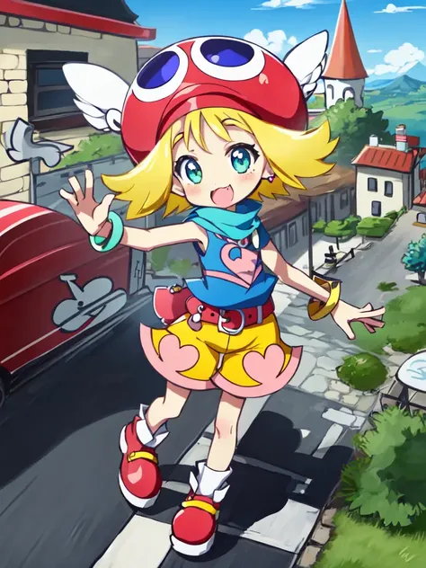 <lora:amitie:0.7:ALL> kawaii amitie petite cute 1girl, green eyes, blonde hair, short hair, bracelet, jewelry +++ hat, skyblue shirt sleeveless, red belt, red shoes, yellow shorts, pink heart +++ smile fang, +++ best quality, high detailed, anime coloring game cg contrapposto ++ Faint lips,UC:realistic cute anime face cinematic angle Girl at the front single focus dynamic pose, wide shot from above , fantasy city, in the square of the castle town, outdoor, in medieval main street