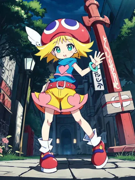 <lora:amitie:0.7:ALL> kawaii amitie petite cute 1girl, green eyes, blonde hair, short hair, bracelet, jewelry +++ hat, skyblue shirt sleeveless, red belt, red shoes, yellow shorts, pink heart +++ :>, +++ best quality, high detailed, anime coloring game cg contrapposto ++ Faint lips,UC:realistic cute anime face cinematic angle Girl at the front single focus dynamic pose, full body , fantasy city, in the square of the castle town, outdoor, Underworld,unexplored region,great labyrinth
