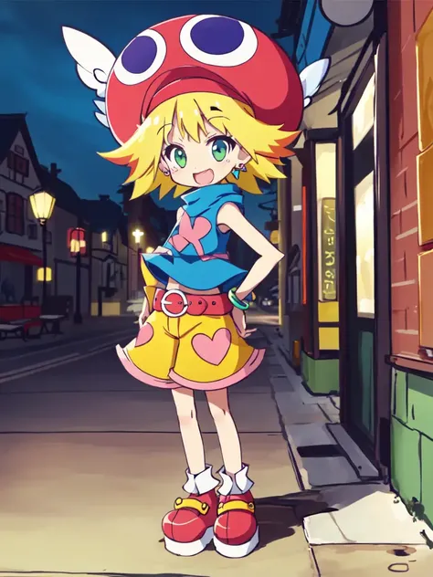 <lora:amitie:0.7:ALL> kawaii amitie petite cute 1girl, green eyes, blonde hair, short hair, bracelet, jewelry +++ hat, skyblue shirt sleeveless, red belt, red shoes, yellow shorts, pink heart +++ :D, +++ best quality, high detailed, anime coloring game cg contrapposto ++ Faint lips,UC:realistic cute anime face cinematic angle Girl at the front single focus dynamic pose, portrait , fantasy city, in the square of the castle town, outdoor, in medieval main street