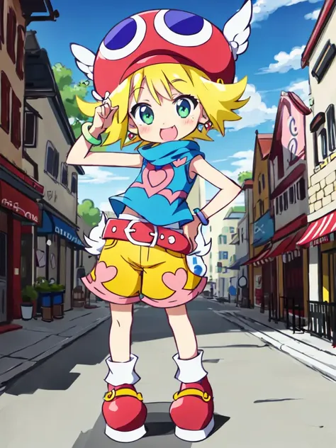 <lora:amitie:0.7:ALL> kawaii amitie petite cute 1girl, green eyes, blonde hair, short hair, bracelet, jewelry +++ hat, skyblue shirt sleeveless, red belt, red shoes, yellow shorts, pink heart +++ smile, +++ best quality, high detailed, anime coloring game cg contrapposto ++ Faint lips,UC:realistic cute anime face cinematic angle Girl at the front single focus dynamic pose, full body , fantasy city, in the square of the castle town, outdoor, in medieval main street