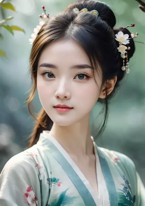 Traditional Chinese painting style,1girl,looking at viewer,bokeh,hanfu