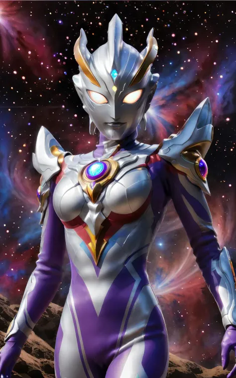 colorful,female Ultraman,Essence of the Cosmos,Defender of Justice,Radiant Form,Stellar Eyes,Silver Halo,Cosmic Armor,Cosmic Manipulation,Interstellar Travel,Telepathy,Compassionate Warrior,Unwavering Justice,Cosmic Odyssey,Battles and Triumphs.,(no hair:1)