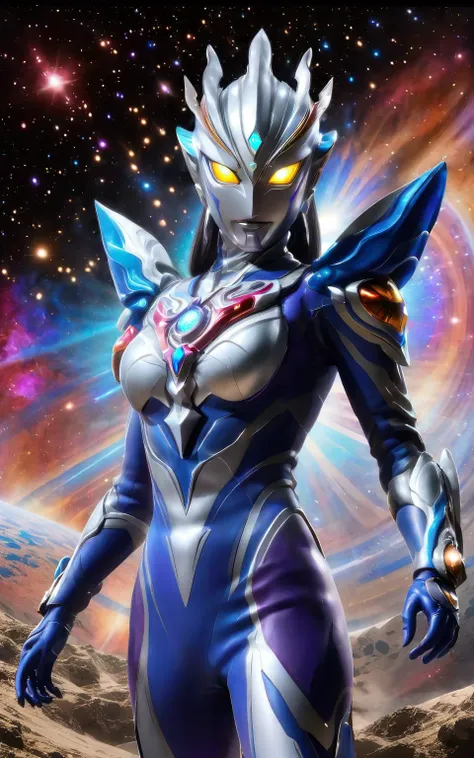 colorful,female Ultraman,Essence of the Cosmos,Defender of Justice,Radiant Form,Stellar Eyes,Silver Halo,Cosmic Armor,Cosmic Manipulation,Interstellar Travel,Telepathy,Compassionate Warrior,Unwavering Justice,Cosmic Odyssey,Battles and Triumphs.,