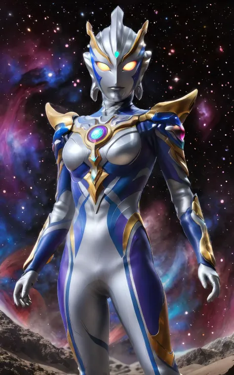 colorful,female Ultraman,Essence of the Cosmos,Defender of Justice,Radiant Form,Stellar Eyes,Silver Halo,Cosmic Armor,Cosmic Manipulation,Interstellar Travel,Telepathy,Compassionate Warrior,Unwavering Justice,Cosmic Odyssey,Battles and Triumphs.,(no hair:1)