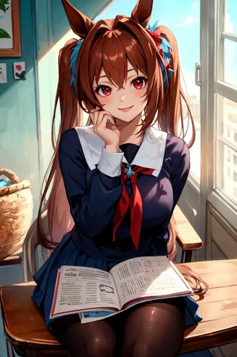 (masterpiece:1.5), (best quality:1.3), , 1girl, (cowboy shot :1.1), (), <lora:daiwa scarlet by goofy ai:1> daiwa scarlet,brown hair, hair intake, red eyes, long hair, twintails, animal ears, horse girl , school uniform , tights , siting , looking at viewer , siting on chair , before table , smile , hair accesory