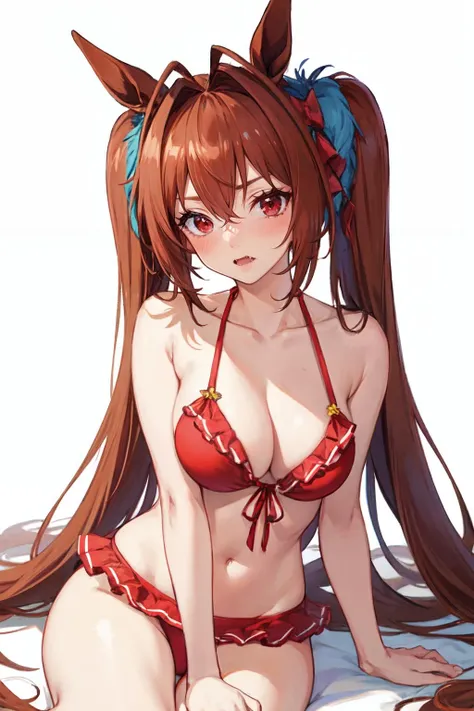 <lora:daiwa_scarlet:1>daiwa scarlet, brown hair, white background, swimsuit, fang, animal ears, hair intakes, very long hair, long hair, 1girl, twintails, solo, looking at viewer, large breasts, horse girl, red eyes, bikini, sitting, horse ears, blush, cleavage, collarbone, red bikini, simple background, bare shoulders