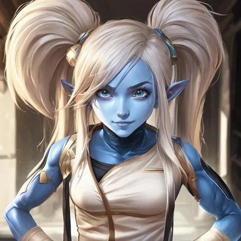 best quality masterpiece (anime:1.1) Poppy (League of Legends character) yordle (1girl)( blue skin:1.2) pointy ears muscular lean platinum blonde long twin-tails hairstyle at the gym smirk <lora:Poppy:0.45> <lora:FilmG2:0.2>