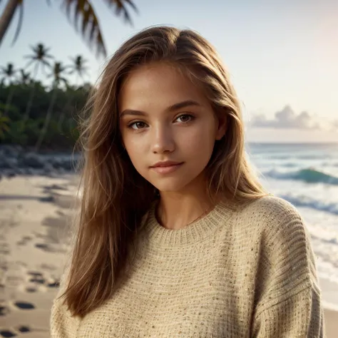 <lora:Allie Sherlock_LORA_a11s3:1> a11s3,, beautiful girl wearing a sweater, glamourous hair, depth of field, bokeh, morning tropical beach (masterpiece) (best quality) (detailed) (8k) (wallpaper) (cinematic lighting) (sharp focus) (intricate),
