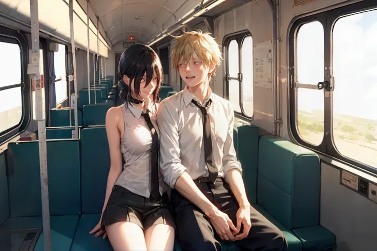 masterpiece, best quality,sex,nsfw,denjixreze, blush, train interior, smile,