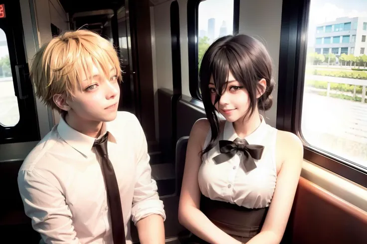 masterpiece, best quality,denjixreze, blush, train interior, smile,
