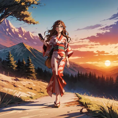 <lora:MoekaKiryu001:0.4>,<lora:add_detail:1>,<lora:boldline:-0.3>,<lora:noline:0.3>,
MoekaKiryu,1woman,solo,expressionless,
long hair,brown hair,brown eyes,
glasses,print_kimono,
full body,
nature,mountain,sunrise,
flip_phone,holding flip_phone,