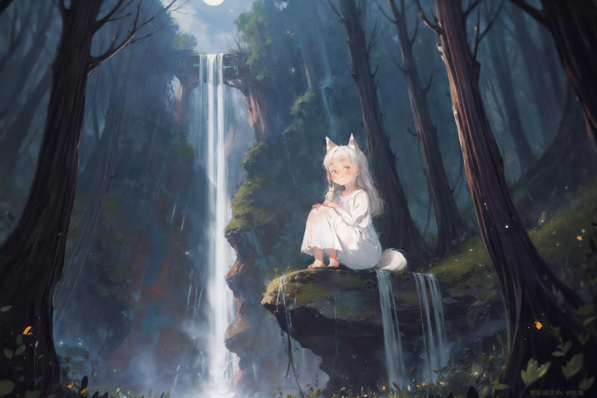 anime artwork , masterpiece, best quality, crayon drawing,
night, fullmoon, waterfall,
cute young girl, long hair, white wolf ears, white wolf tail, nightdress,
sitting, soft smile, looking at the viewer, fireflies, <lora:add_detail:0.5> . anime style, key visual, vibrant, studio anime, highly detailed