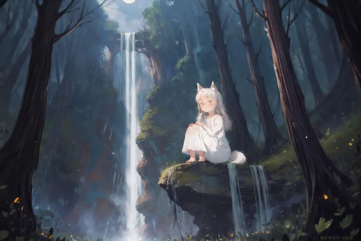 anime artwork , masterpiece, best quality, crayon drawing,
night, fullmoon, waterfall,
cute young girl, long hair, white wolf ears, white wolf tail, nightdress, 
sitting, soft smile, looking at the viewer, fireflies,  <lora:add_detail:0.5> . anime style, key visual, vibrant, studio anime,  highly detailed