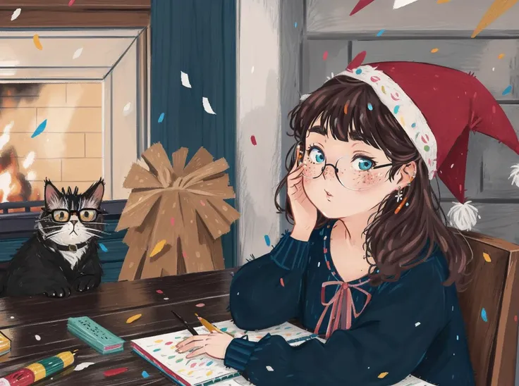 best quality,masterpiece,ultra high res,childpaiting,1girl,solo,crayon drawing,iparty hat,hat,glasses,brown hair,confetti,long hair,round eyewear,long sleeves,freckles,cat,multiple girls,upper body,profile,bangs,jewelry,blush,black cat,warm fireplace,christmas,