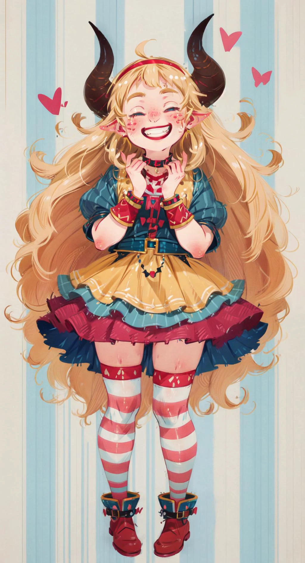 (smiling),masterpiece, best quality, 1girl, blonde hair, blue eyes, blush stickers, boots, bracelet, cuffs, full body, grin, hairband, horns, long hair, own hands together, red footwear,, smile, solo, striped legwear, tail, teeth, wristband,<lora:mania:3>maniacal laughter