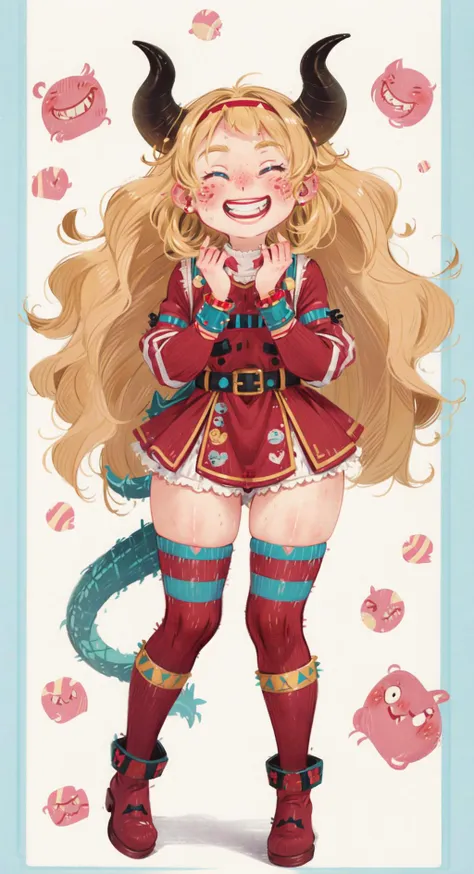 (smiling),masterpiece, best quality, 1girl, blonde hair, blue eyes, blush stickers, boots, bracelet, cuffs, full body, grin, hairband,  horns, long hair, own hands together, red footwear,, smile, solo, striped legwear, tail, teeth, wristband,<lora:mania:3>maniacal laughter