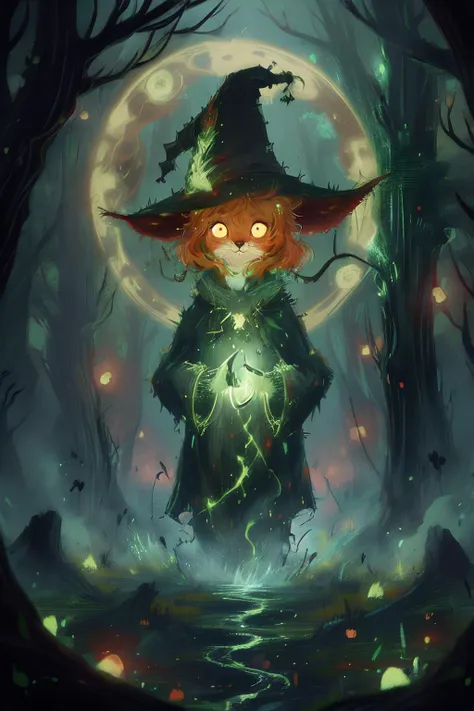 (masterpiece, best quality, hires, high resolution:1.2),animal,fox,mage,witch hat,delicate eyes,full body,Very cute,AcidMagic,fantasy,toxic corrosion,acid aura,<lora:AcidMagic:1>,forest,childpaiting,crayon drawing,