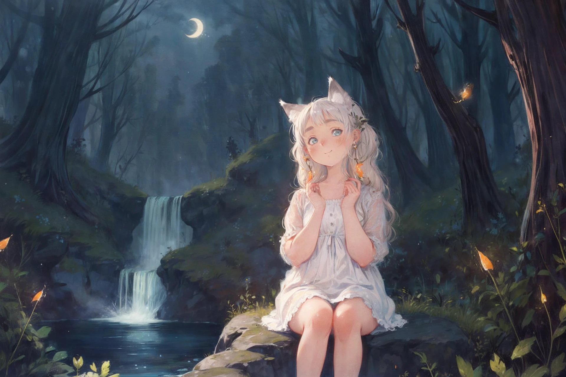 anime artwork , masterpiece, best quality, crayon drawing,
night, fullmoon, waterfall,
cute young girl, long hair, white wolf ears, white wolf tail, nightdress,
sitting, soft smile, looking at the viewer, fireflies, <lora:add_detail:0.5> . anime style, key visual, vibrant, studio anime, highly detailed