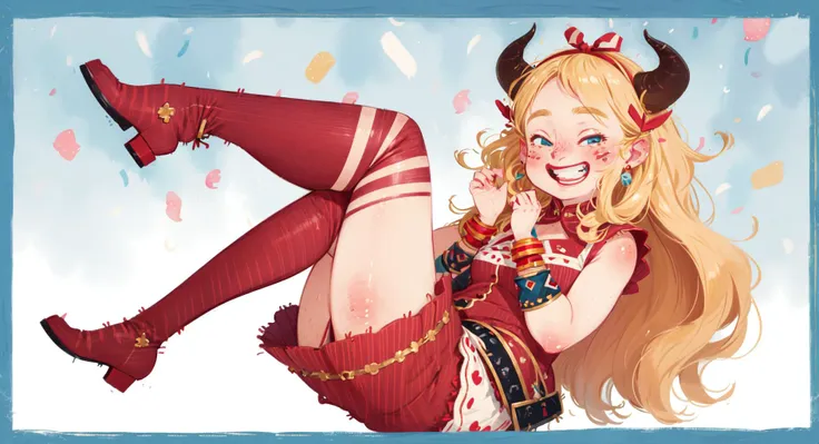 (smiling),masterpiece, best quality, 1girl, blonde hair, blue eyes, blush stickers, boots, bracelet, cuffs, full body, grin, hairband,  horns, long hair, own hands together, red footwear,, smile, solo, striped legwear, tail, teeth, wristband,<lora:mania:3>maniacal laughter