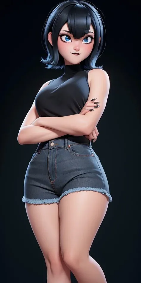 (best quality:1.4),(shiny skin), body focus, (cute face), (((best quality))), illustration, ((Beautiful Finger)), , Beautiful body, Beautiful character design, ,perfect lighting, Colorful, Bright_Front_face_Lighting, ultra high res, highres, absurdres:1.2, bokeh:1.2, lens flare, (vibrant_color:1.2), (thick thighs:1.1), THICK, Black hair with bangs, pale skin, large round blue eyes, black eyeliner, black lipstick, neutral expression, brown sleeveless dress<lora:Mavis_Dracula:1>, jeans