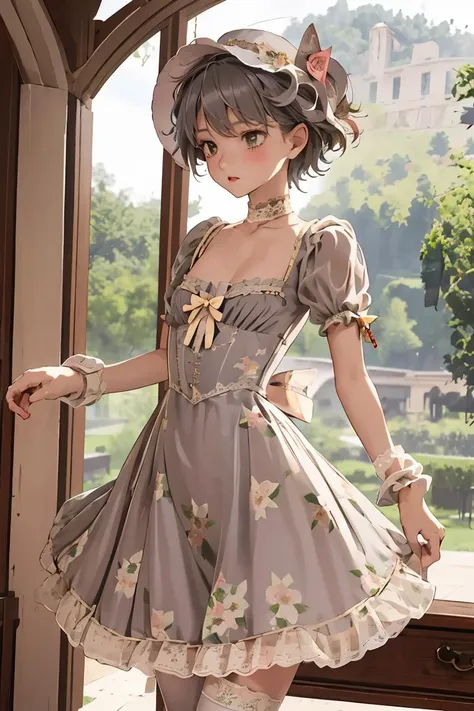 (masterpiece, best quality), 1girl,   Gunmetal Hard Part with Textured Top, small breasts,  <lora:Outfit_CottageCore:1> Prompt with c0tt4g3, (cincher), sun hat, floral print, lace, bow, short puffy sleeves,  see-through