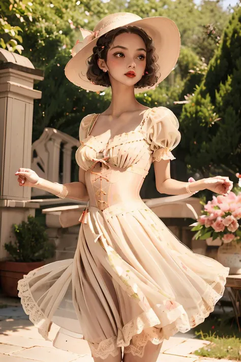 (masterpiece, best quality), 1girl, Light Red Classic Finger Waves with Hairpin, Sizes I to L breasts, <lora:Outfit_CottageCore:1> Prompt with c0tt4g3, (cincher), sun hat, floral print, lace, bow, short puffy sleeves, see-through