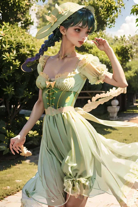 (masterpiece, best quality), 1girl, Emerald Green French Braid with Hair Chain, Size E breasts, <lora:Outfit_CottageCore:1> Prompt with c0tt4g3, (cincher), sun hat, floral print, lace, bow, short puffy sleeves, see-through