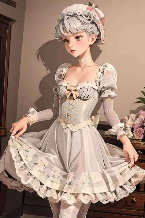 (masterpiece, best quality), 1girl,   Platinum Gray Faux Hawk with Tapered Sides and, medium breasts,  <lora:Outfit_CottageCore:1> Prompt with c0tt4g3, (cincher), sun hat, floral print, lace, bow, short puffy sleeves,  see-through