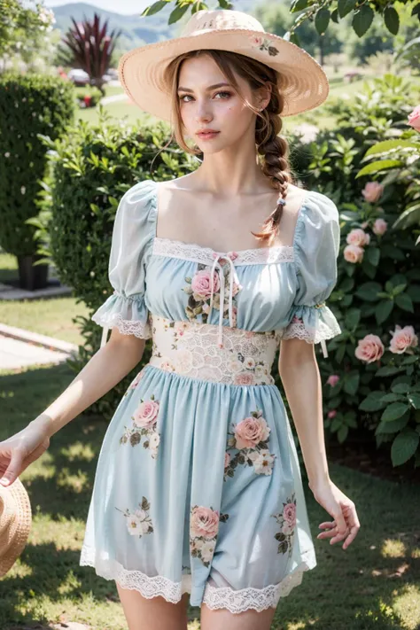 (realistic:1.3), finely detailed, quality, rembrandt lighting, (masterpiece:1.2), (photorealistic:1.2), (best quality), (detailed skin:1.3), (intricate details), dramatic, ray tracing, 1girl, british girl, 21 years old, detailed skin texture, (blush:0.5), (goosebumps:0.5), subsurface scattering, smiling, medium breasts, long braided hair, blonde hair, bangs, hair between eyes, c0tt4g3, cotton dress, (cincher:1.1), sun hat, (floral print:1.1), lace, bow, short puffy sleeves, cowboy shot, (bright sunny day, outdoors, wide open field of rose bushes, sky), <lora:Outfit_CottageCore:0.8>